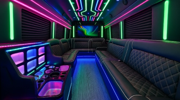 Interior of Charter Bus Company Lincoln's 20 Passenger Party Bus in Lincoln