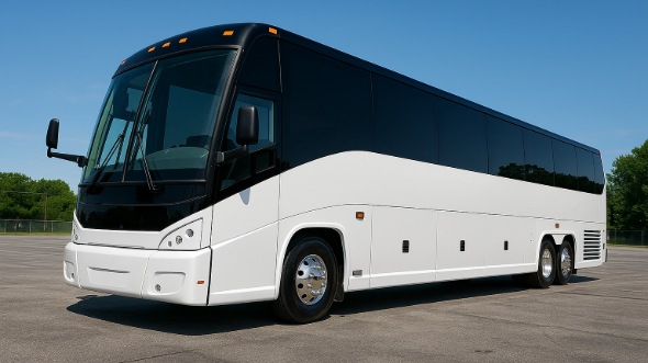Exterior of Charter Bus Company Des Moines's 46 Passenger Charter Bus in Des Moines
