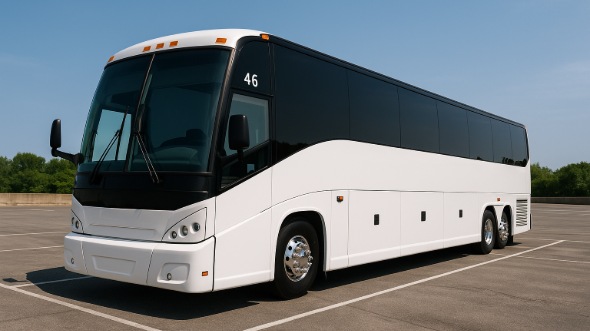 Exterior of Charter Bus Company Des Moines's 54 Passenger Charter Bus in Des Moines