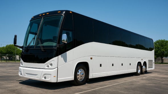 Exterior of Charter Bus Company Des Moines's 56 Passenger Charter Bus in Des Moines